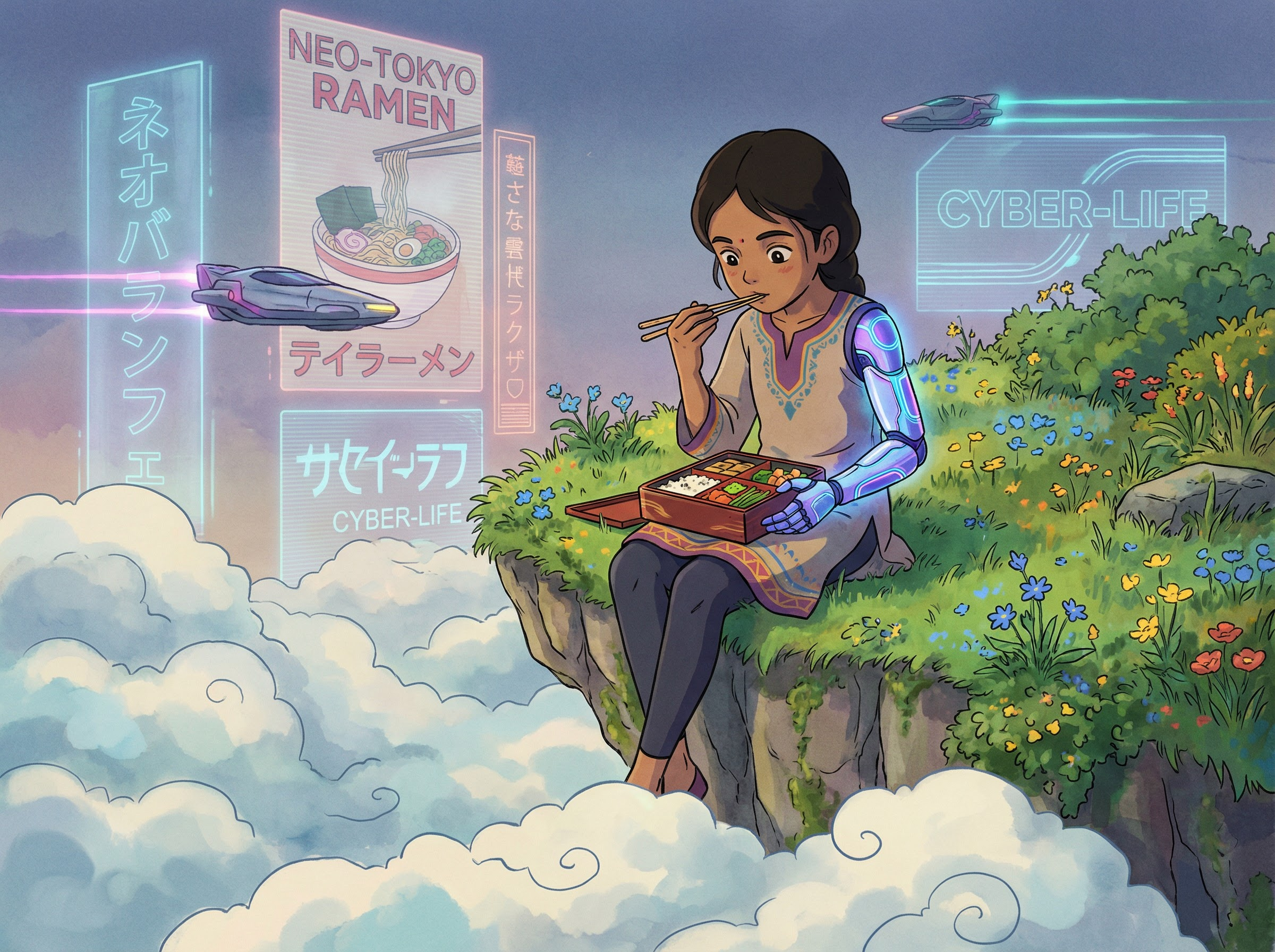 Ghibli meets cyberpunk anime girl on floating island - generated with Nano Banana Pro 2 on Snippt