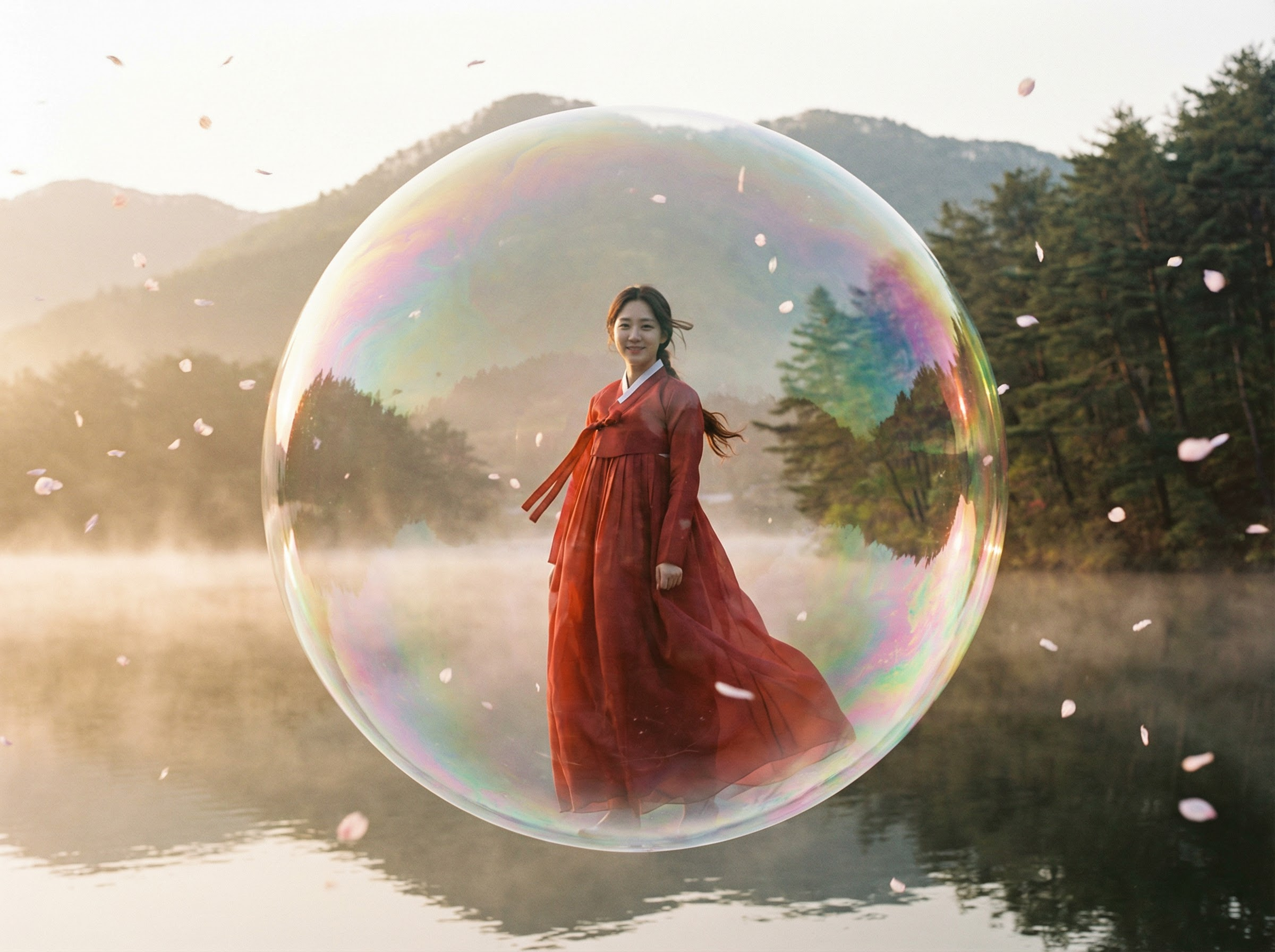 Woman in hanbok inside floating soap bubble - generated with Nano Banana Pro 2 on Snippt