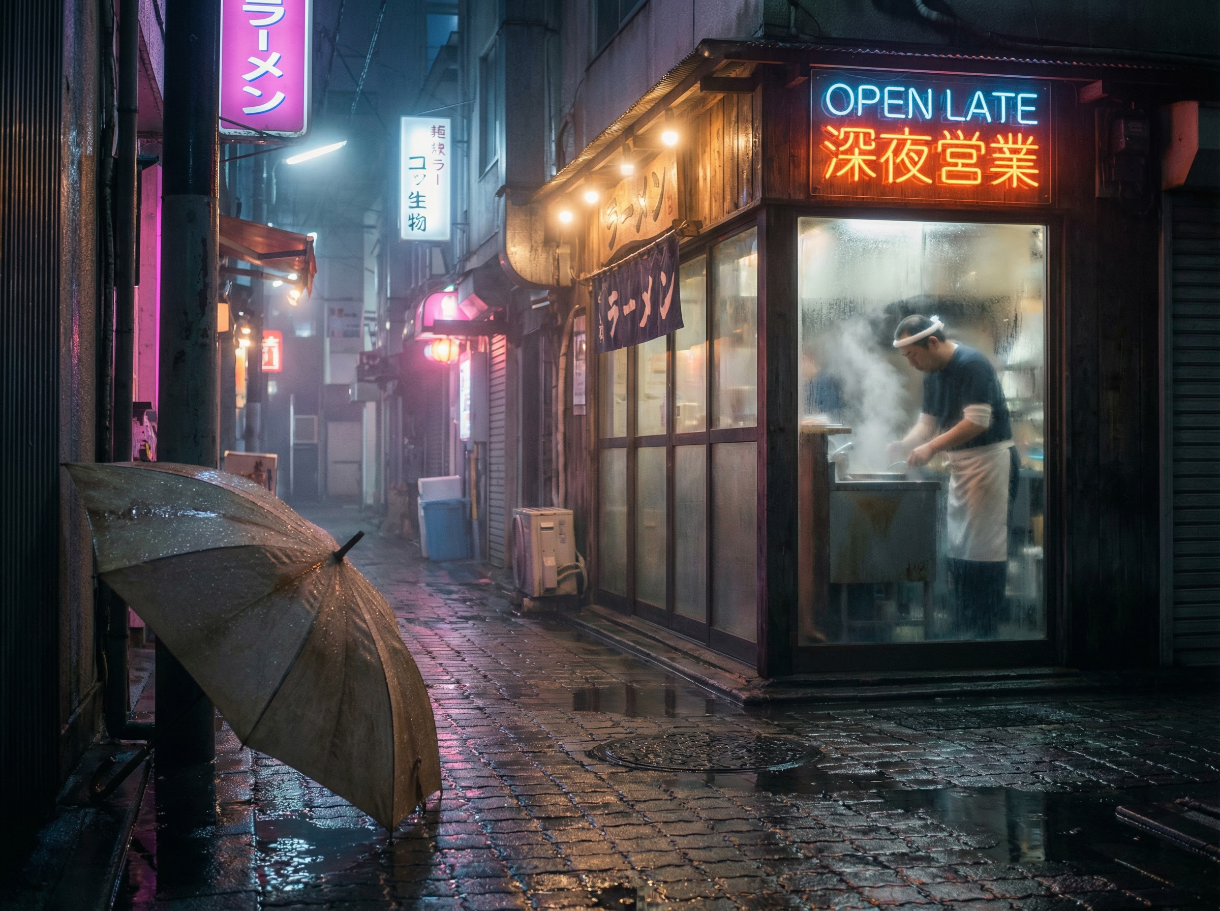 Tokyo ramen alley with neon sign text rendering - generated with Nano Banana Pro 2 on Snippt