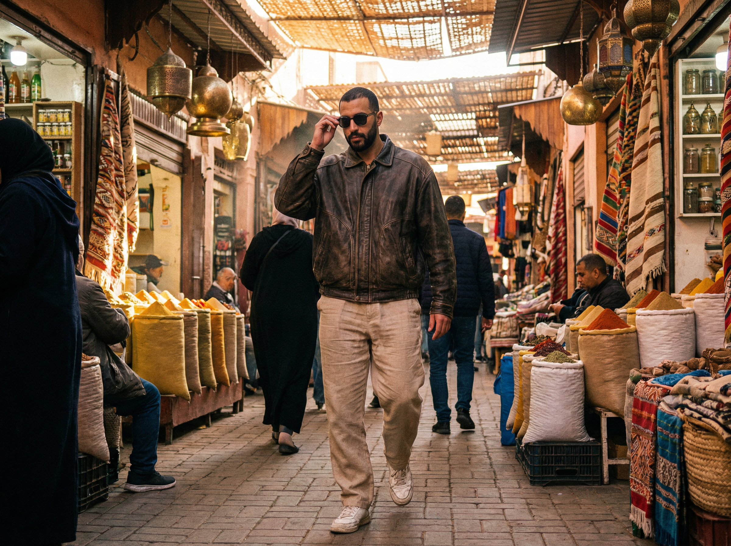 Photorealistic street fashion in Marrakech souk - generated with Nano Banana Pro 2 on Snippt
